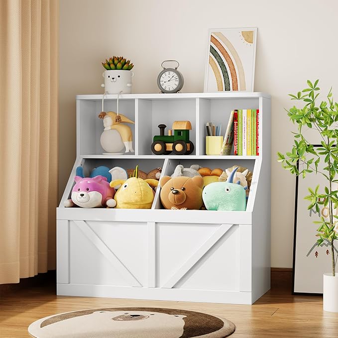 Kids Bookshelf and Toy Storage, Kids Toy Storage Organizer, Toy Storage Cabinet with Toy Shelf, Toddler Bookshelf Toy Organizer and Storage Bins for Playroom, Bedroom, Nursery, Classroom, Daycare