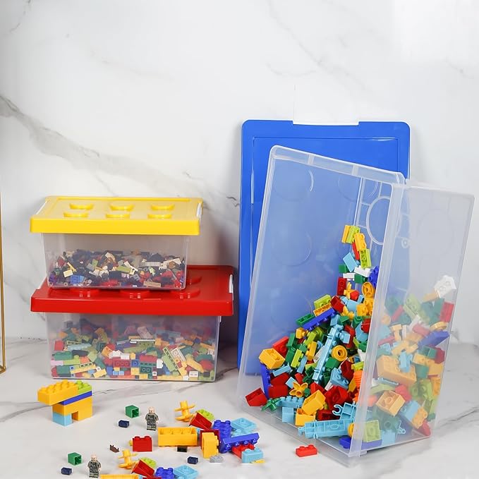 loobuu Plastic Storage Bins with Lids - Stackable Toy Storage Organizer Box Set of 3, Kids Toy Chests Container with Compatible Building Baseplate and Lid for Building Bricks - Yellow+Red+Blue