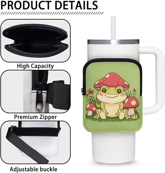Frog Mushroom Stanley Cup Pouch with Adjustable Strap Water Bottle Storage Bag 20oz-40oz IceFlow Tumbler Pouch for Stanley Accessories