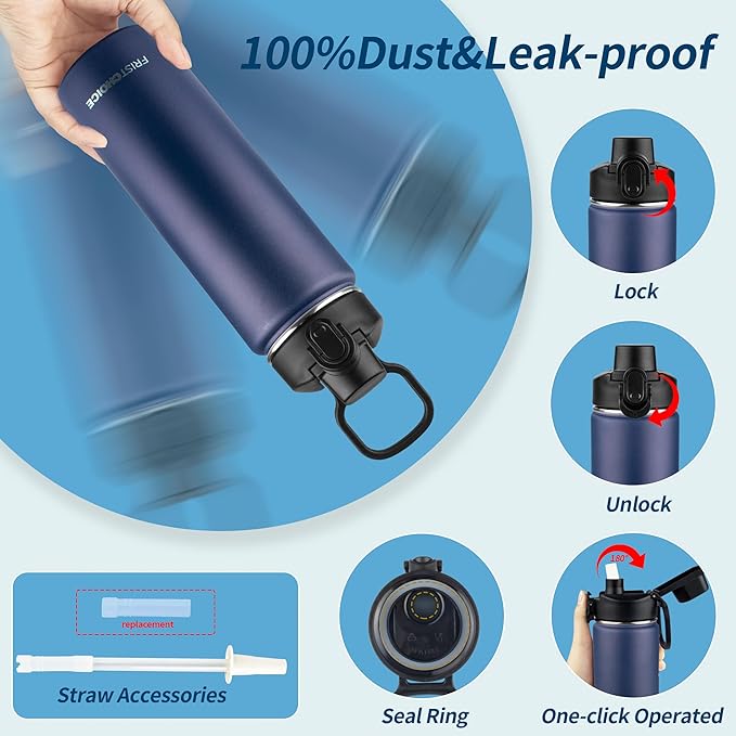 Insulated water bottle with Straw,24oz Stainless Steel Water Bottle for Adult Kids,Double Wall Vacuum Wide Mouth Insulated Water Bottle for Sports,BPA-free and Leak-proof（24oz,Navy blue）