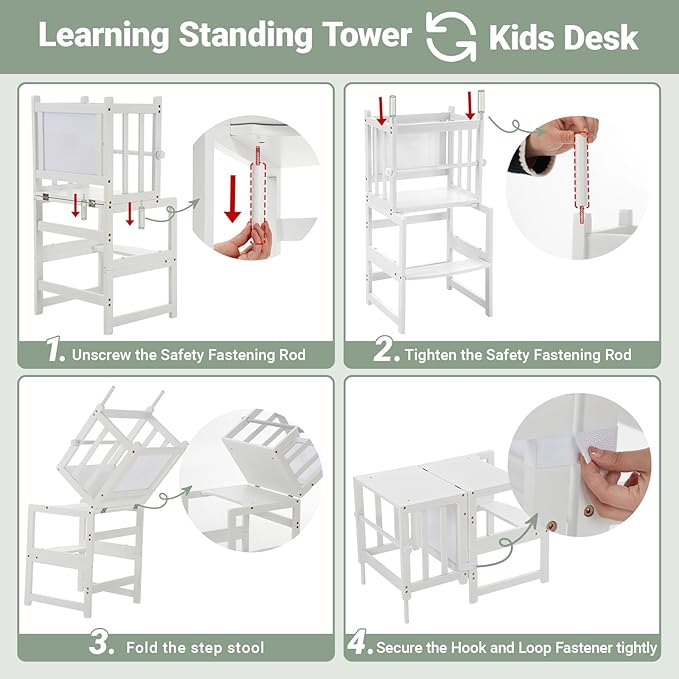COSYLAND 3-in-1 Multifunctional Toddler Standing Tower, Kids Kitchen Step Stool with Whiteboard, Desk Table and Chair, Enjoys Unique Patented Design,FSC,CPC,SOR,CE,White