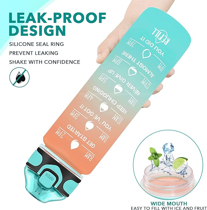 Enerbone 32 oz Drinking Water Bottle with Times to Drink and Straw, Motivational with Carrying Strap, Leakproof BPA & Toxic Free, Ensure You Drink Enough Water for Fitness Gym Outdoor