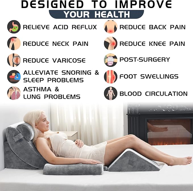 Qirroboni 6PCS Orthopedic Bed Wedge Pillow Set, Adjustable Pillows for Neck, Back and Leg Pain Relief Comfortable & Post Surgery Foam - Heartburn, Anti Snoring, Acid Reflux & GERD Sleeping Grey