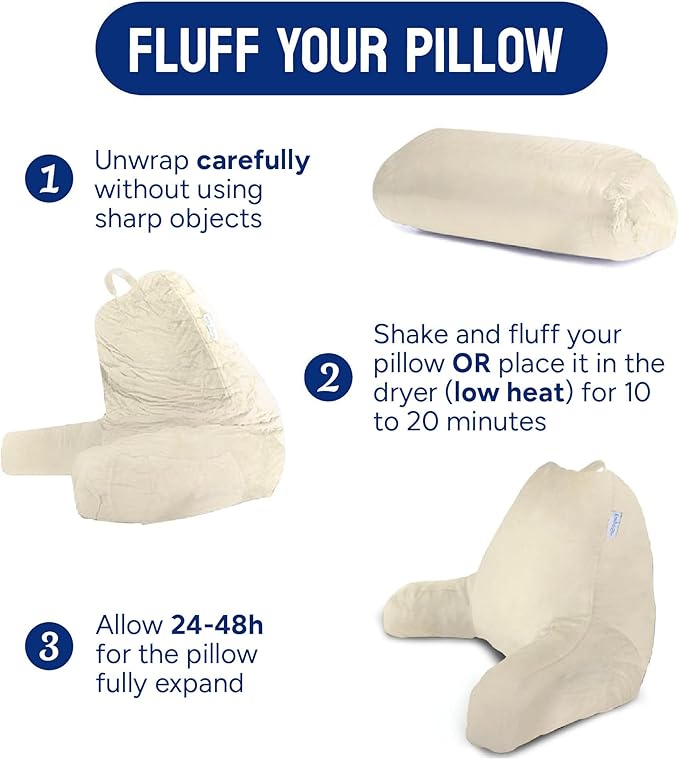 ComfortSpa Reading Pillow for Bed Adult Size, Back Rest Pillow with Arms, Pockets and Washable Cover; Use as a Back Pillow for Sitting in Bed for Bedrest or Relief from GERD Heartburn (X-Large Cream)