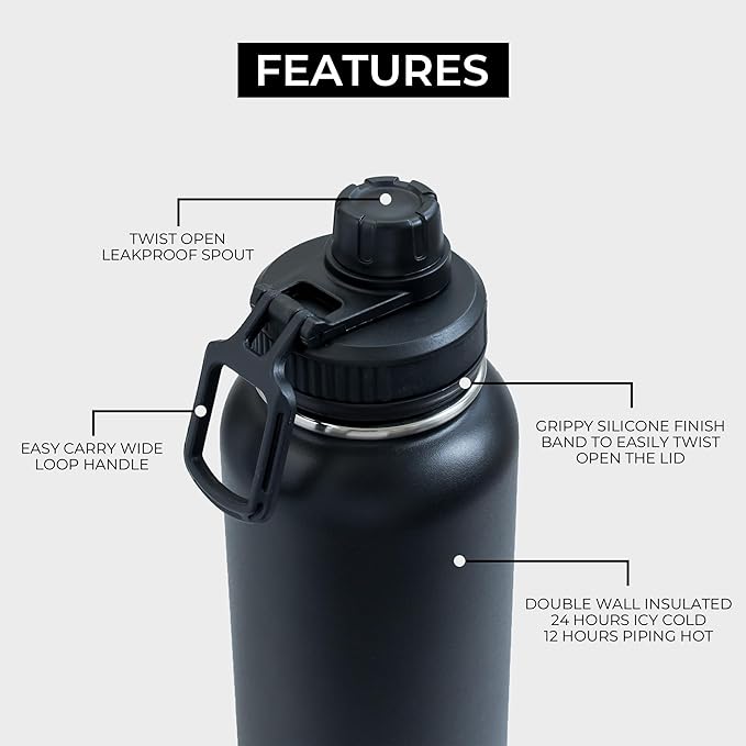 BOZ Stainless Steel Water Bottles 2 Pack Bundle - Grey Water Bottle + Black Water Bottle - Vaccum Insulated Water Bottles 32 Oz - Wide Mouth BPA Free Sport Water Bottles for Gym with Spout Lid