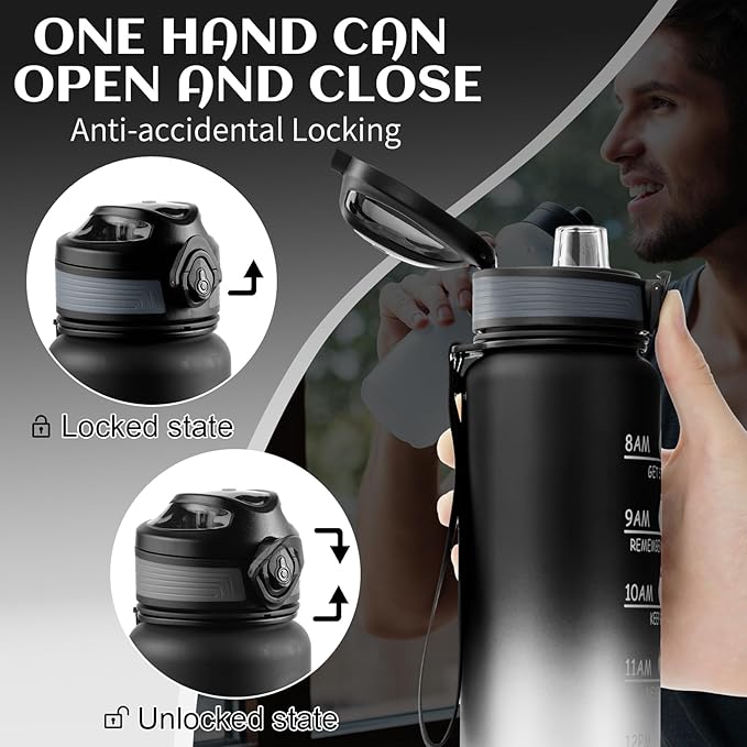Water Bottle 32 oz, Motivational Sports Water Bottles Tritan BPA Free Water Bottle No Straw With Time Marker, Wide Mouth Leakproof Water Bottle with Strap for Gym Fitness Hiking Bike Camping - Black