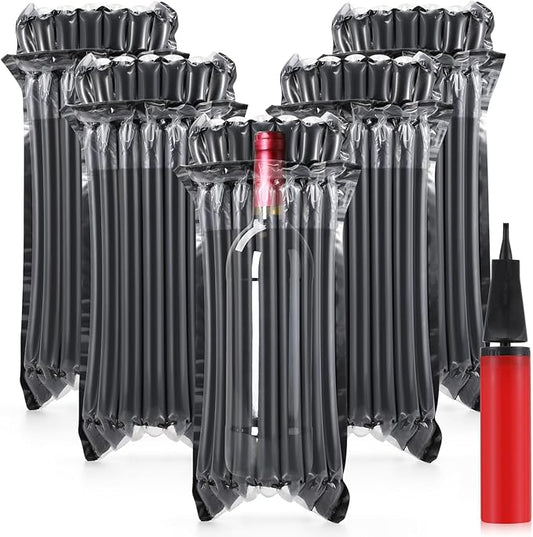 Frienda 50 Pcs Black Inflatable Wine Bottle Travel Protector Bags Reusable Air Column Wine Travel Inflatable Bag with Pump Wine Shipping Sleeves Wine Packing for Glass Bottles Airplane Transportation