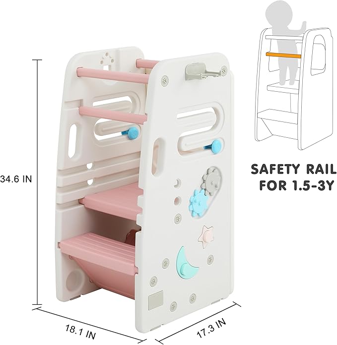 SDADI Multifunctional Toddler Tower with Double Safety Rails - Adjustable & Non-Slip for Kitchen and Bathroom Use - Montessori Step Stool for Kids, Beige and Pink