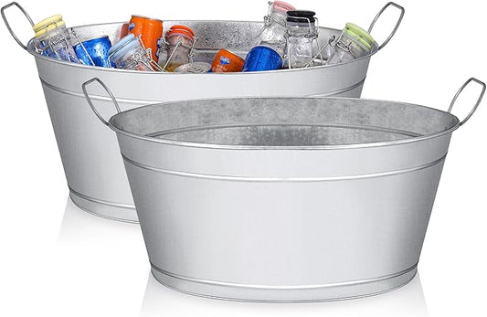 Large 6-Gallon Galvanized Tin Beverage Tub with Handle, Rust-Resistant Metal Beer Bucket for Ice, Drinks and Beer Bottles, Lightweight and Durable, 20x14x10 inches (Pack of 2)