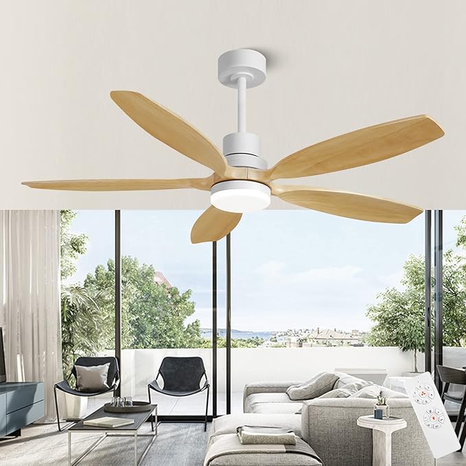 52" Ceiling Fan with Light and Remote,Reversible DC Motor,6Speed,Modern Natural Wood Ceiling Fan with Dimmable LED for Outdoor Patios Bedroom Living Room,Original Walnut and White