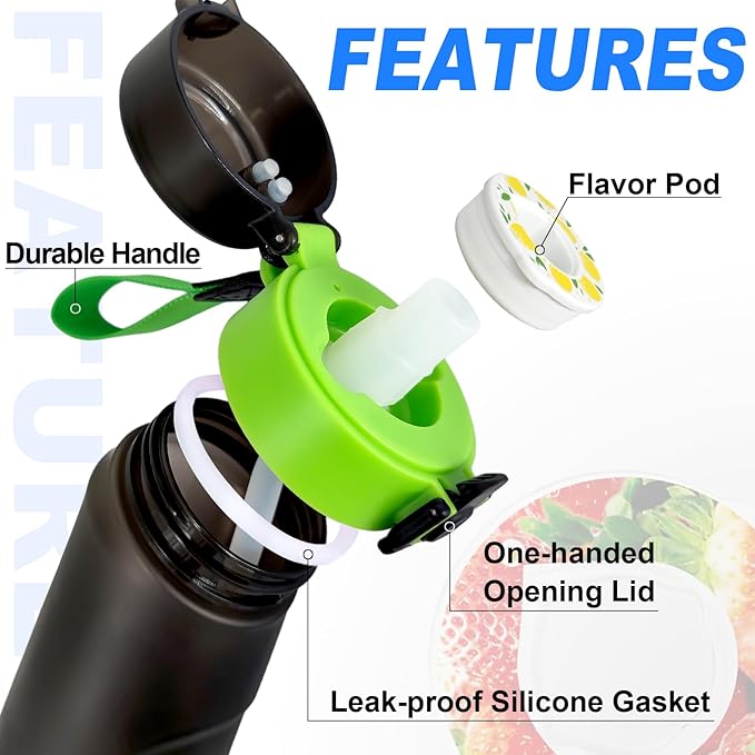 Air Water Bottle with Flavor Pods, 25 OZ Tritan Sports Water Bottle with Straw, Scented Water Bottle with Handle (Black Green+4 Flavor Pods)