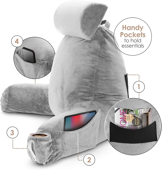 Nestl Reading Pillow Large Bed Pillow, Back Pillow for Sitting in Bed Shredded Memory Foam Chair Pillow, Reading & Bed Rest Pillows Light Grey Back Pillow for Bed, Bed Chair Arm Pillow with Pockets