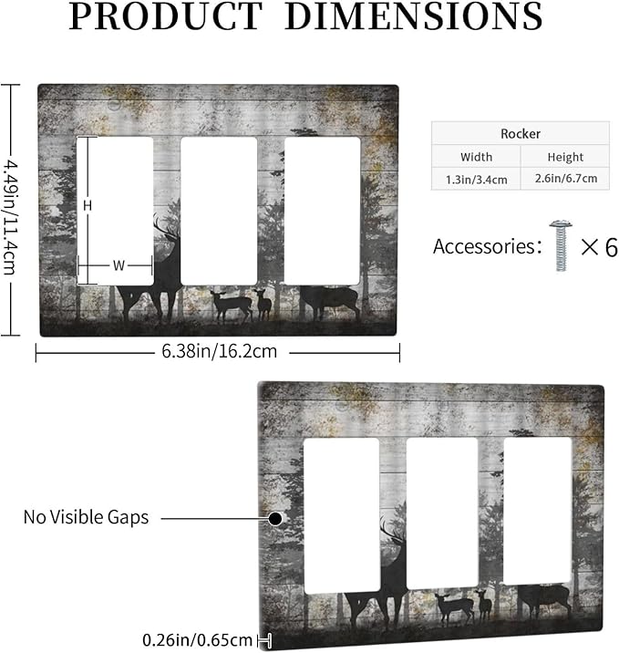 Rustic Deer Forest Vintage Wood Board 3 Gang Rocker Boho Light Switch Covers Decorative Country Unique Triple Outlet Wall Plate Cover Faceplate Decorative Switchplate GFCI for Farmhouse