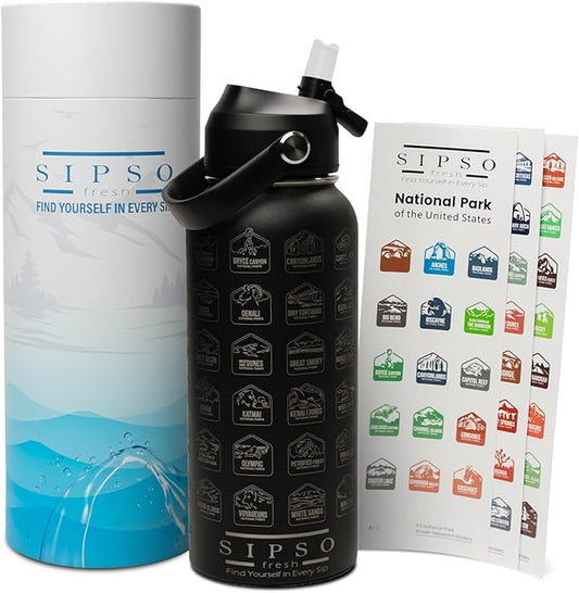 National Parks water bottle with Stickers: Unique 32 oz bottle | Double wall Stainless Steel water bottle | Leak Proof- laser Engraved water Bottle with National Park stickers (Black)