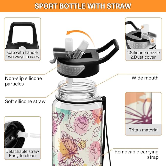 Water Bottle with Straw Butterflies Roses Sports Bottles BPA-Free Tritan Vintage Water Jug with Carrying Strap for Women Men Gym Outdoor Sports