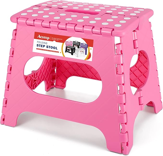 ACSTEP Folding Step Stool for Adults-11 Height Lightweight Plastic Stepping Stool. Foldable Step Stool Hold up to 300lbs Non Slip Collapsible Stool Pink