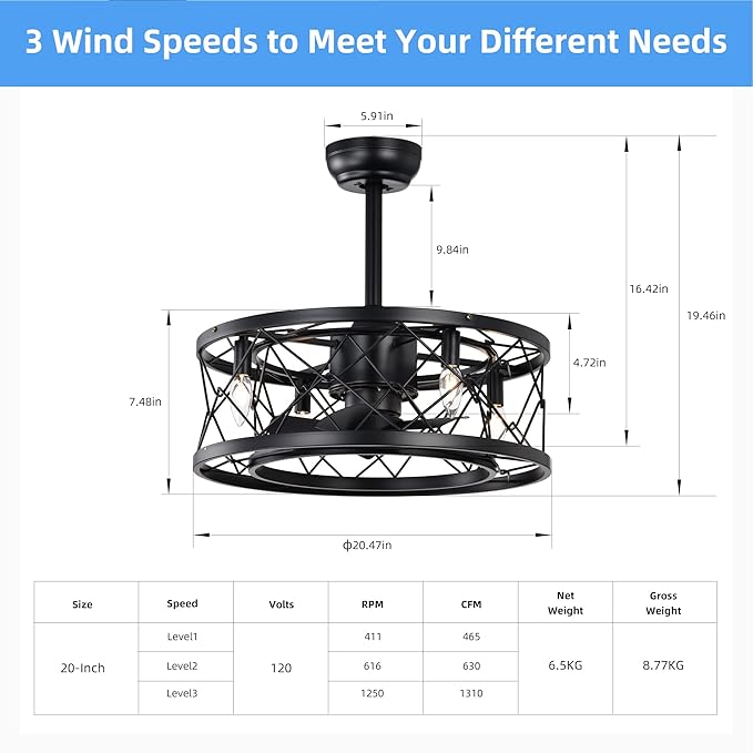 NicBex Ceiling Fan 20 Inch Indoor Modern Ceiling Fan with Lights Ceiling Fans with 5 Blades and Remote Control Small Caged Ceiling Fan for Bedroom, Living Room, Matte Black