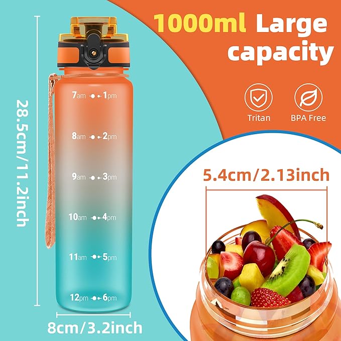 OLDLEY 32 oz Water Bottle, Motivational Water Bottle with Time Marker, Sports Water Bottle With Strap, Leakproof & BPA Free Large Water Bottles for School, Gym, Travel, Outdoor, Tritan,Orange&Green