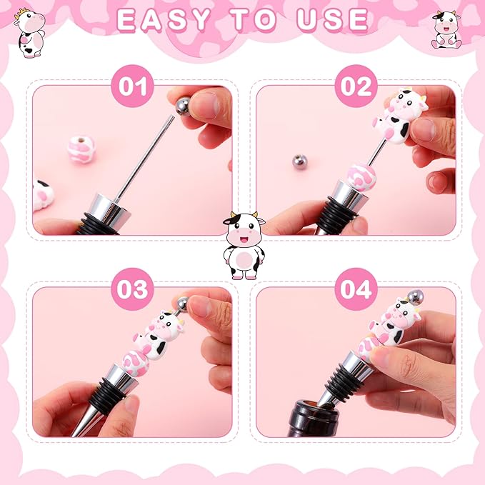 Gisafai 24 Set Cow Beadable Wine Stoppers Baby Shower Wedding Favors for Guests Decorative Beaded Wine Bottle Stopper with Cow Beads Organza Bag Tag for Wedding Cow Party Favor Souvenirs Gifts