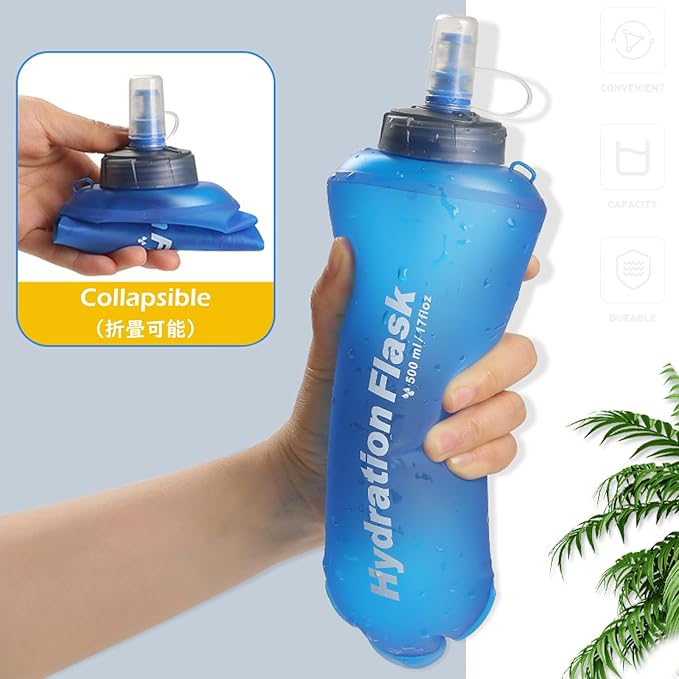 TRIWONDER TPU Soft Folding Water Bottles BPA-Free Collapsible Flask for Hydration Pack - Ideal for Running Hiking Cycling Climbing (500ml/16.9oz - Blue - Pack of 2)
