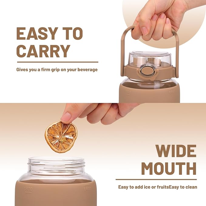 Moretoes 64oz Glass Water Bottle, Glass Bottle with Silicone Sleeve and Time Marker for Gym Home Office (Amber)