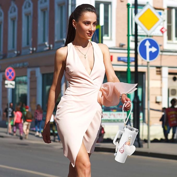 Water Bottle Accessories Set with Silicone Water Bottle Handle with Strap Hanging Charms Compatible with Stanley Cup(White)