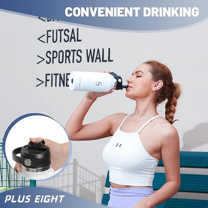 Sports Water Bottle, 32 oz Insulated Water Bottle With Straw, Stainless Steel Water Bottle Wide Mouth for Sports, Gym or Office, BPA-Free Keep Cold 24H Hot 12H (White)