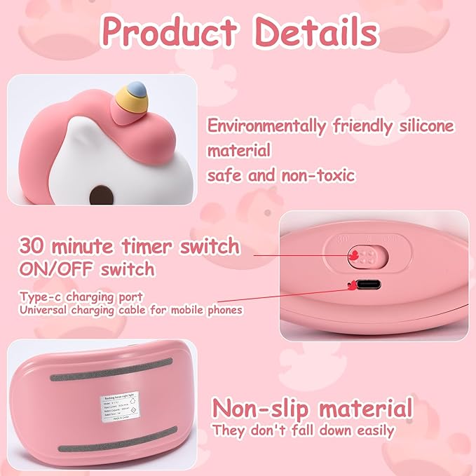 Unicorn Night Lights for Kids Bedroom, LED Squishy Unicorn Lamp with Wobbling Amusement, Silicone Dimmable Nursery Nightlight, Rechargeable Bedside Touch Lamp with 30min Timer, Pink
