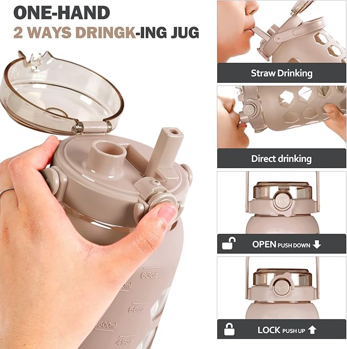 MUKOKO Half Gallon/64 oz Glass Water Bottles with Straw and Lid,Motivational Water Jug with Time Marker Reminder and Silicone Sleeve,100% Leakproof BPA Free Fitness Sports Large Bottle-Amber