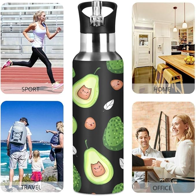 Kawaii Avocado Fruit Water Bottle with Straw Lid for Fitness Gym Camping Outdoor Sports, Wide Mouth Vacuum Insulated 18/8 Stainless Steel, 22 oz