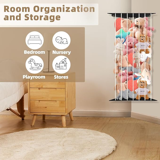 Toy Storage Organizer Corner Stuffed Animal Plush Toy Storage Kids Room Holder with Length Adjustable Large Toys Wall Hanging Shelf for Nursery Playroom Bedroom Sturdy Metal Black