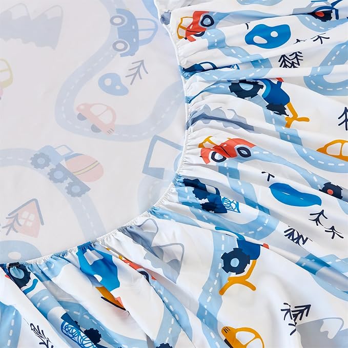 RYNGHIPY Kids Twin Bed Sheets: Cars Print Sheets Set for Boys - Breathable Wrinkle Free Microfiber Flat Sheet Fitted Sheet and Pillowcase (White,Twin)
