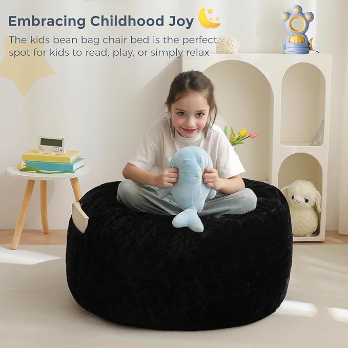 MAXYOYO Bean Bag Chair Bed for Kids, Convertible Bean Bag Folds from Lazy Chair to Floor Mattress Bed, Stuffed Floor Sofa Couch Sofa Bed for Boys and Girls, High-Density Foam Filling, Black