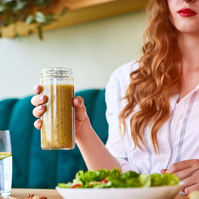 All About Juicing Clear Glass Water Bottles Set - 6 Pack Wide Mouth with Lids for Juice, Smoothies, Beverage Storage - 16 oz, Durable, Reusable, Dishwasher Safe, Leak Proof (Black Caps)