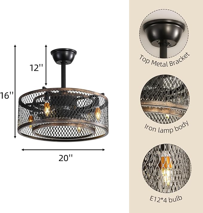 NicBex Ceiling Fan 20 Inch Ceiling Fans with Lights Caged Ceiling Fan with Blades and Remote Control Down Rod Mount Ceiling Fans for Bedroom, Living Room, Black Brown