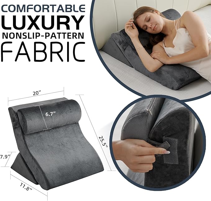Qirroboni 3PCS Orthopedic Bed Wedge Pillow Set, Adjustable Pillows for Neck Back and Leg Pain Relief Comfortable & Post Surgery Foam- Heartburn Anti Snoring Acid Reflux & GERD Sleeping Charcoal Grey