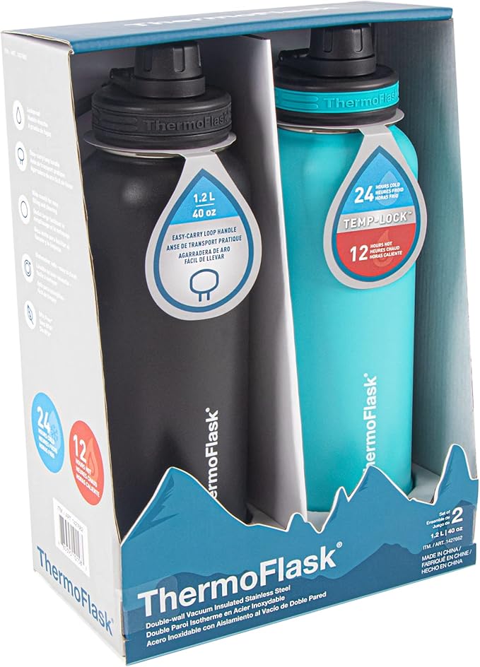 ThermoFlask 40 oz Double Wall Vacuum Insulated Stainless Steel 2-Pack of Water Bottles, Onyx Black/Splash