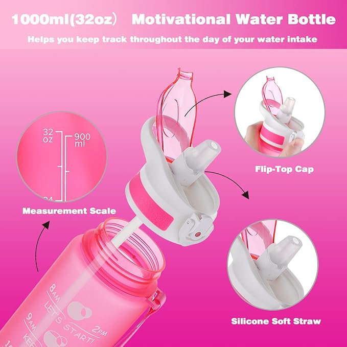 Prometheuz 32oz Water Bottle with Straw, Motivational Water Bottle with Time Marker, Water Bottles Leakproof & BPA-Free for Sports, Work and Fitness Pink