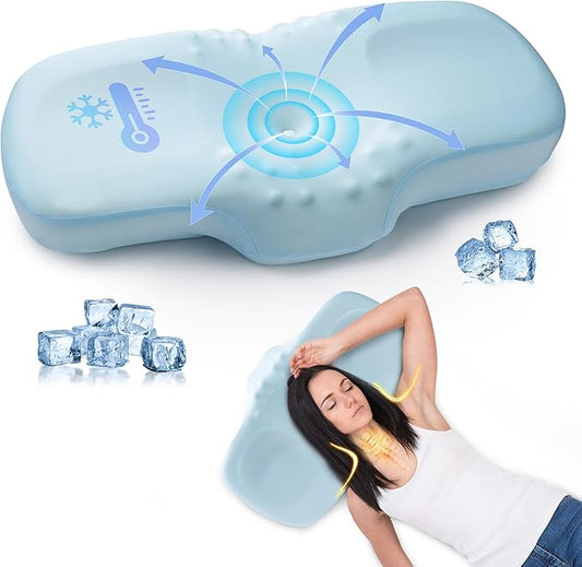 MASTERY MART Adjustable Memory Foam Pillow for Neck Pain Relief, Cooling Cervical Pillow, Thin Orthopedic Bed Pillow for Side Back Stomach Sleeper - 63x40cm