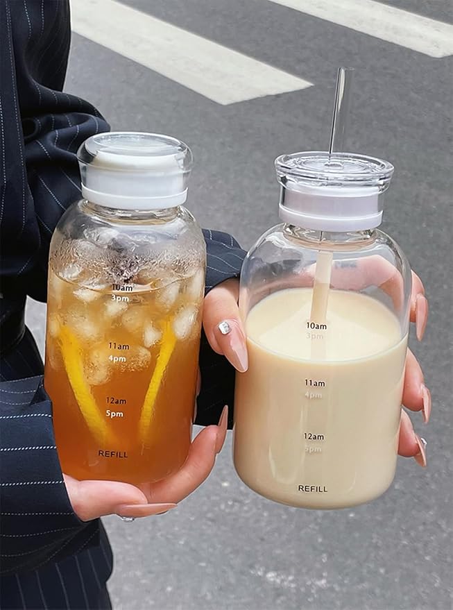 Glass Water Bottles With Double Lid,16OZ Clear Water Bottle With Time Marker,Water Bottle With Straw, Circle Water Bottle For Milk,Juice, Coffee(550ml,White)