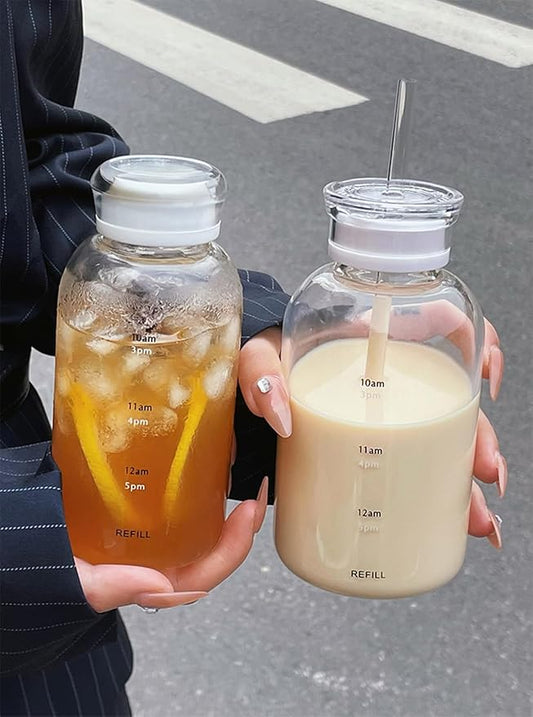 Glass Water Bottles With Double Lid,16OZ Clear Water Bottle With Time Marker,Water Bottle With Straw, Circle Water Bottle For Milk,Juice, Coffee(550ml,White)