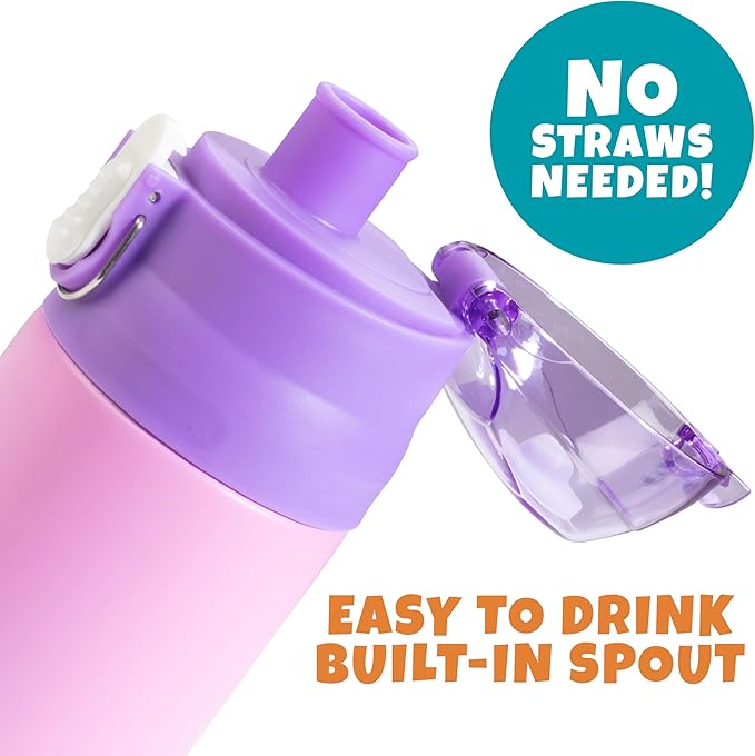 Bentology Stainless Steel 13oz Insulated Kids Water Bottle w Built In Straw- Easy to Open, Reusable BPA-Free, Fits in Most Lunch Boxes for Boys, Girls, School, Sports, Camp- Keep Drink Cold All Day