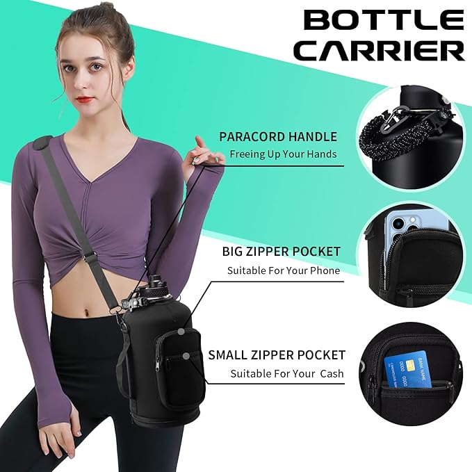 128OZ Insulated Water-Bottles with Strap - 1 Gallon Large Water Jug with Straw & Spout Lid, Stainless Steel Water Bottle Leak Proof, Cold-48h Hot-24h Metal Water Flask w/ Paracord Handle, Carrier Bag