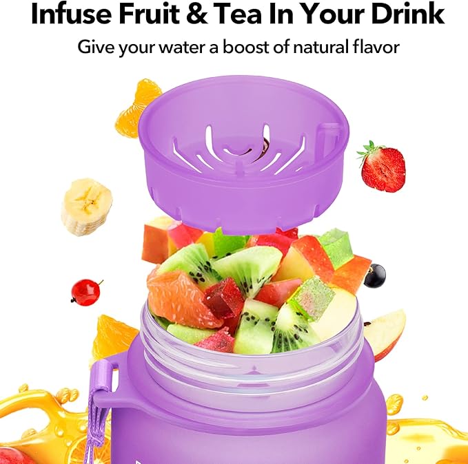 32oz/26oz Motivational Water Bottle with Time Marker & Fruit Strainer, Leak-proof BPA Free Non-Toxic 1l Bottle with Carrying Strap, Perfect for Fitness, Gym and Outdoor Sports, Plastic