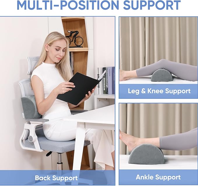 Forias Knee Pillow for Back Sleeping, Memory Foam Leg Pillow for Side Sleeping Bolster Pillow for Legs Elevation Half Moon Leg Elevation Pillow for Knee Lumbar Support, Ankle Rest and Foot Comfort