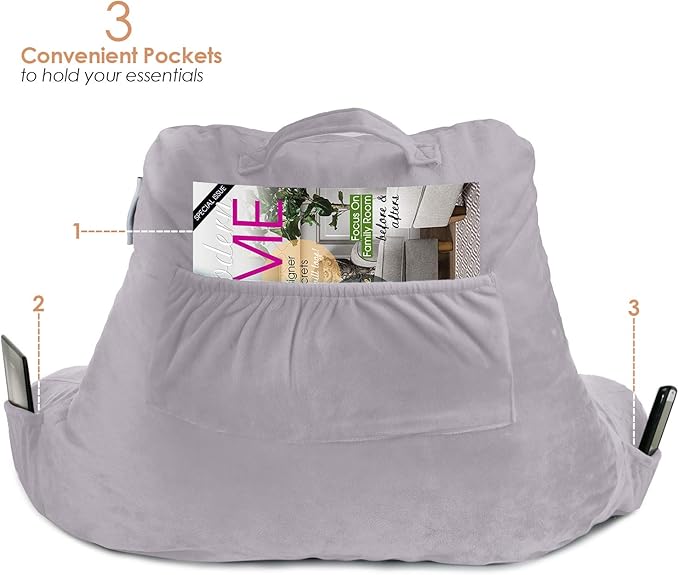 Nestl Reading Pillow for Kids, Small Bed Pillow, Back Pillow for Sitting in Bed, Memory Foam Chair Pillow, Reading & Bed Rest Pillows, Grey Lavender Back Pillow for Bed, Arm Pillow with Pockets