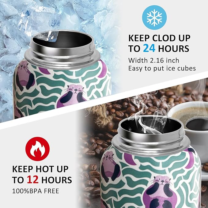 32 oz Sea Otter Water Bottle Insulated Vacuum Stainless Steel Sports Water Bottle with 2 Lids (Straw and Spout Lid) for Gym Camping Hiking