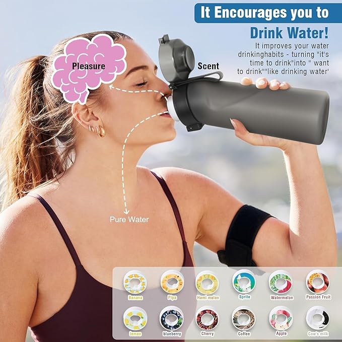 Air Water Bottle 12 Flavor Pods Up 22oz Fruit Fragrance Scented Water Cup BPA Free 0% Sugar For Outdoor Sports,Gifts From Friends (1 bottle Matte Black+12 scent pods)