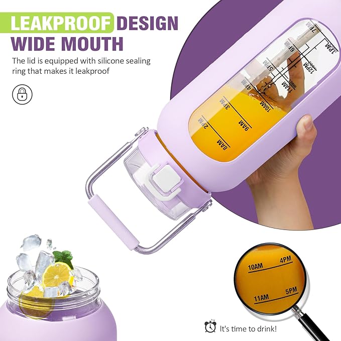 Kytffu 64 oz Glass Water Bottle with Straw and Stainless Steel Handle, Half Gallon Water Bottle with Silicone Sleeve and Time Marker, 2L Large Glass Bottle for Gym, School, Travel, Leak-proof (Purple)