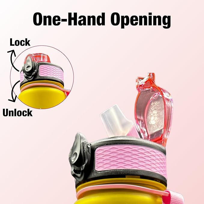 Yaa Fresh Water Bottles, 32oz Motivational Sports Water Bottle with Time Marker-Times to Drink-Tritan, BPA Free, Leakproof water bottle (1 Pack) (Pink-Green-Yellow)